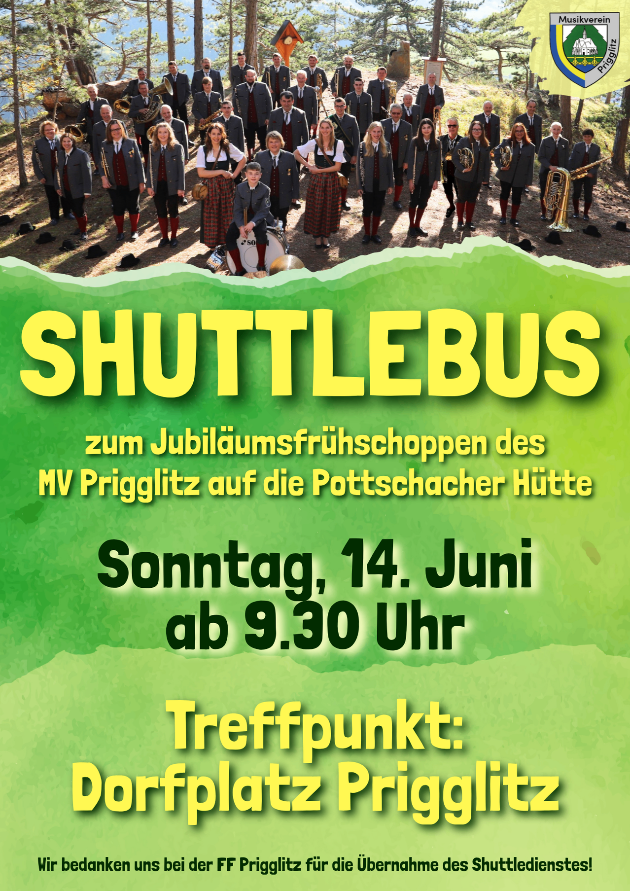 Poster for shuttle bus to MV Prigglitz's anniversary celebration on Pottschacher Hutte. Scheduled for June 14, starting at 9:30 AM. Meeting point not specified.