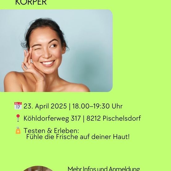 Ein Veranstaltungsposter zeigt eine lächelnde Frau vor grünem Hintergrund mit Details zu einer Hautpflegeveranstaltung am 23. April 2025 von 18:00 bis 19:30 Uhr.