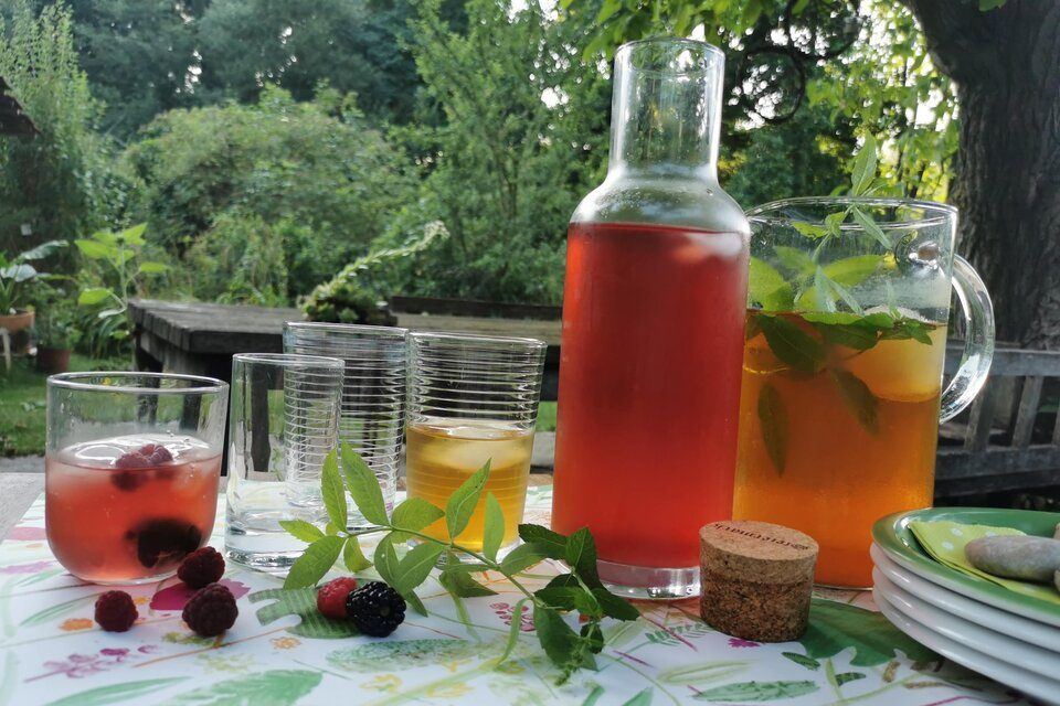 Ein Tisch mit Getränken, Gläsern, Beeren, Blättern und einem Korken im Garten. Die Getränke sind in Krügen und Gläsern. Die Blätter sind Minze.