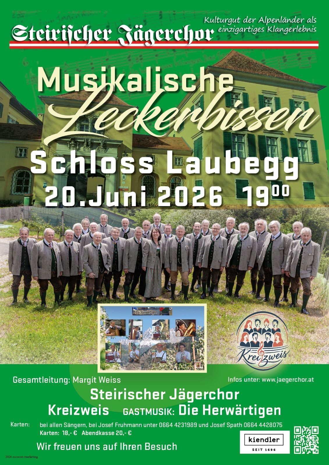 Plakat für eine musikalische Veranstaltung im Schloss Laubegg am 20. Juni 2026 mit einem Chor in traditioneller Kleidung. Das Gebäude im Hintergrund hat grüne Fensterläden.