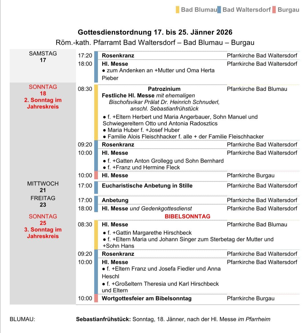 Schedule of church services from January 17 to 25, 2026. Services are held in Pfarkirch Bad Waltersdorf, Bad Blumau, and Burgau. Times and details for each service are listed.