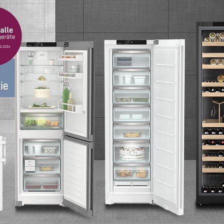 Drei offene Kühlschränke. Ein Weinkühler mit Flaschen, ein Doppeltürkühlschrank mit Lebensmitteln darin und ein kleinerer Kühlschrank mit offenen Türen.