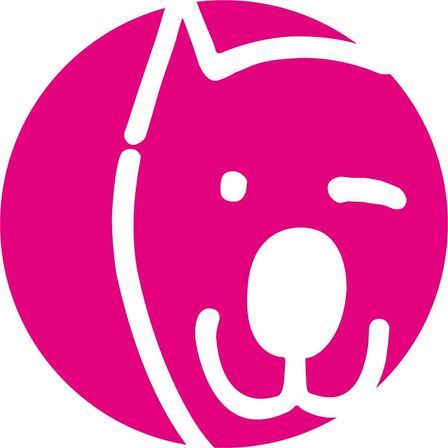 Ein rosa Kreis enthält ein einfaches, weißes, lächelndes Hundegesicht. Der Kreis ist fest rosa und das Hundegesicht ist weiß umrandet.