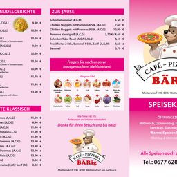 Menü mit verschiedenen Nudelgerichten und Hähnchengerichten, mit Preisen. Allergeninformationen und Öffnungszeiten sind angegeben. Telefonnummer: 0677 628. Adresse: Mettersdorf 100, 8092 Mettersdorf.