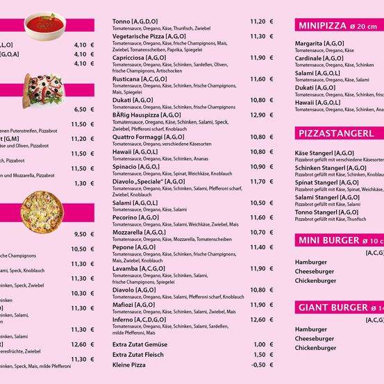 Menü mit verschiedenen Pizzen und Burgern. Pizzen umfassen Tonnno, Margherita, Capricciosa, Rusticana und andere. Burger sind als Hamburger, Cheeseburger und Chickenburger aufgeführt. Die Preise reichen von 4,10 € bis 12,60 €. Zusätzliche Beläge und Extra-Beläge sind verfügbar.