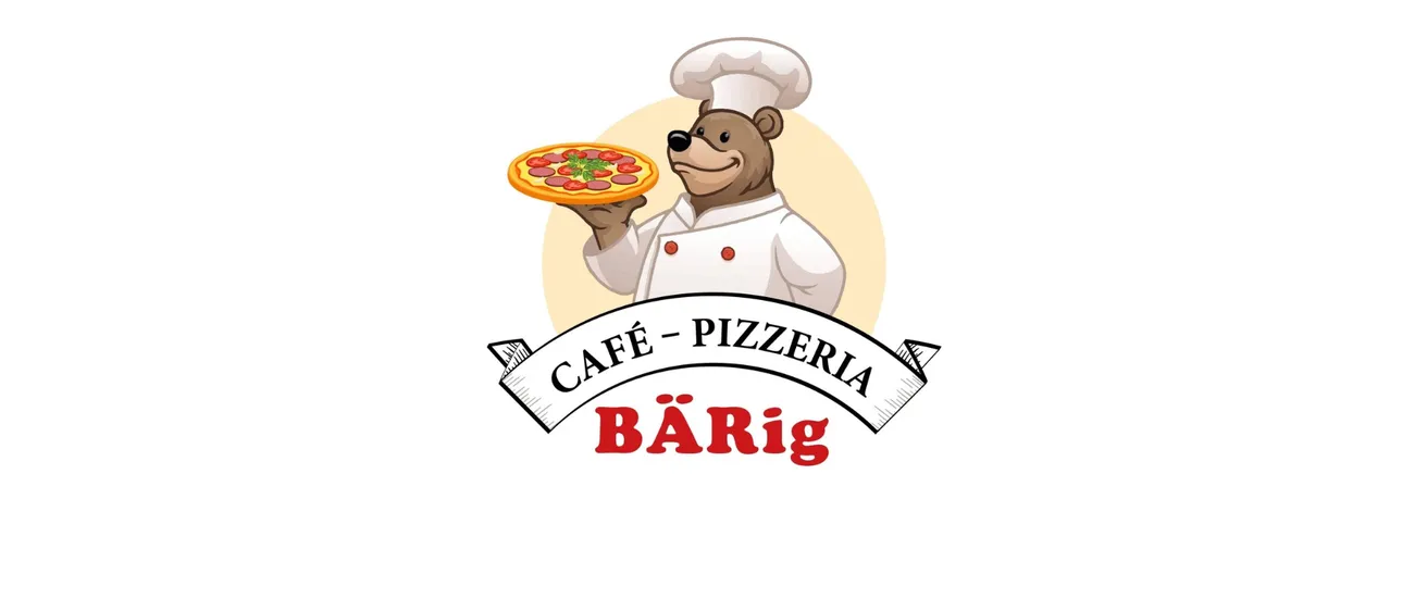 Ein Kochbär hält eine Pizza mit rotem und grünem Belag. Das Logo lautet 'Cafe - Pizzeria BARIG'.