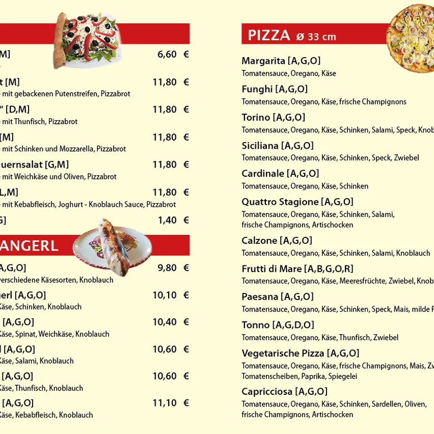 Das Bild zeigt ein Pizzamenü mit Preisen. Pizza-Optionen umfassen Margherita, Funghi und verschiedene andere mit unterschiedlichen Belägen. Die Preise reichen von 6,60 € bis 11,80 €.
