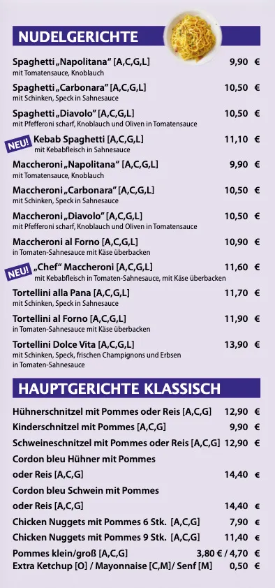 Eine Menüseite mit aufgelisteten Nudelgerichten und Hauptgerichten. Nudelgerichte umfassen Spaghetti Napolitana, Carbonara und andere mit verschiedenen Toppings. Hauptgerichte beinhalten Hühnchen-, Schweine- und Rindfleischoptionen mit Preisen.