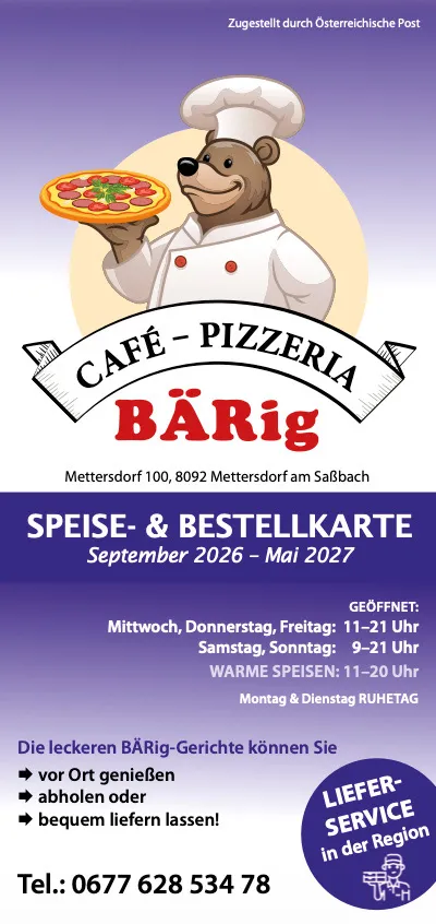 Ein Plakat für Café Pizzeria Bärig, mit einem Bärenkoch, der eine Pizza hält, mit Öffnungszeiten und Lieferservice-Details.
