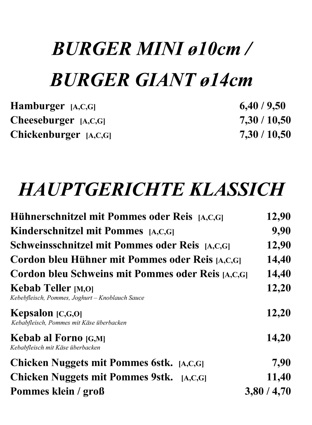 Ein Menü mit verschiedenen Speisen und deren Preisen. Die Artikel umfassen Burger, Hähnchen und Kebabs.