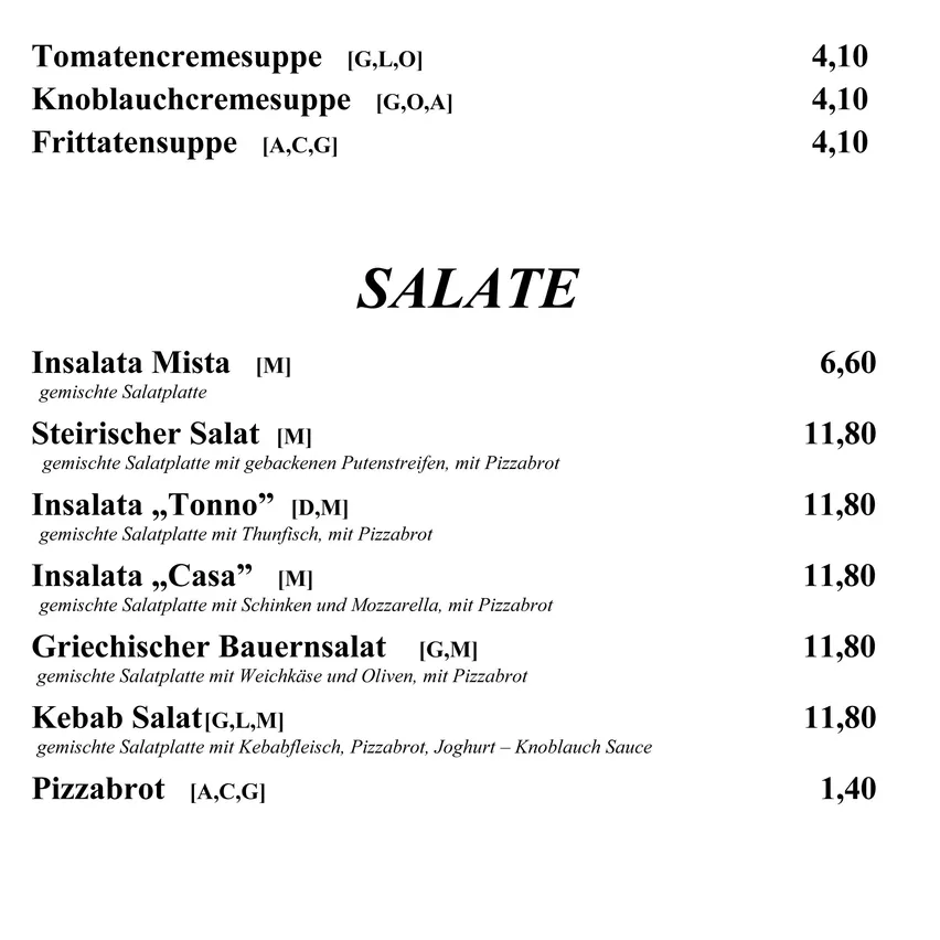 Ein Menü mit zwei Abschnitten, 'Suppen' und 'Salate'. Der 'Suppen'-Abschnitt listet drei Arten von Cremesuppen mit Preisen auf. Der 'Salate'-Abschnitt listet sechs Arten von gemischten Salaten mit Preisen auf.