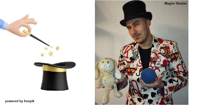 Ein Magier in einem Anzug mit Spielkarten hält eine blaue Kugel und ein weißes Plüschtier. Daneben befindet sich ein schwarzer Hut mit goldener Einfassung und ein Zauberstab mit Sternen.