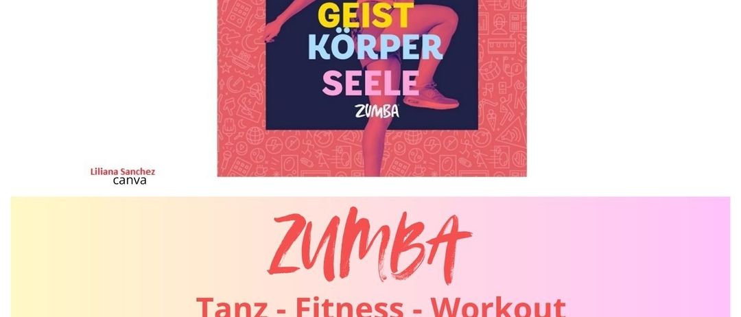 Zumba-Veranstaltungsposter mit einer Frau in Trainingskleidung. Es bewirbt eine Tanz-, Fitness- und Workout-Sitzung von 18:30 bis 19:30 Uhr am 23. April 2026. Der Preis beträgt 76 Euro, mit einem ermäßigten Preis von 78 Euro für Familienmitglieder.