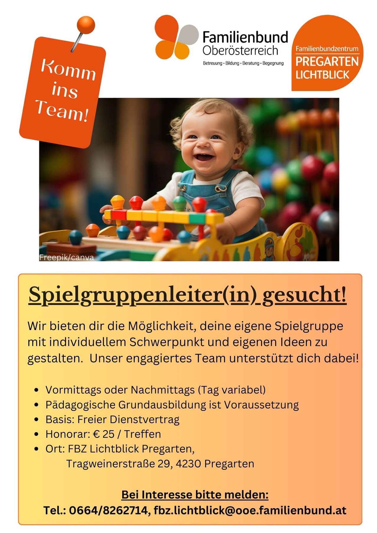 The image features a smiling baby playing with colorful toys in a playroom. Text overlays advertise a playgroup leader position, offering flexible hours, free service agreement, and honorarium of 25 euros per session.