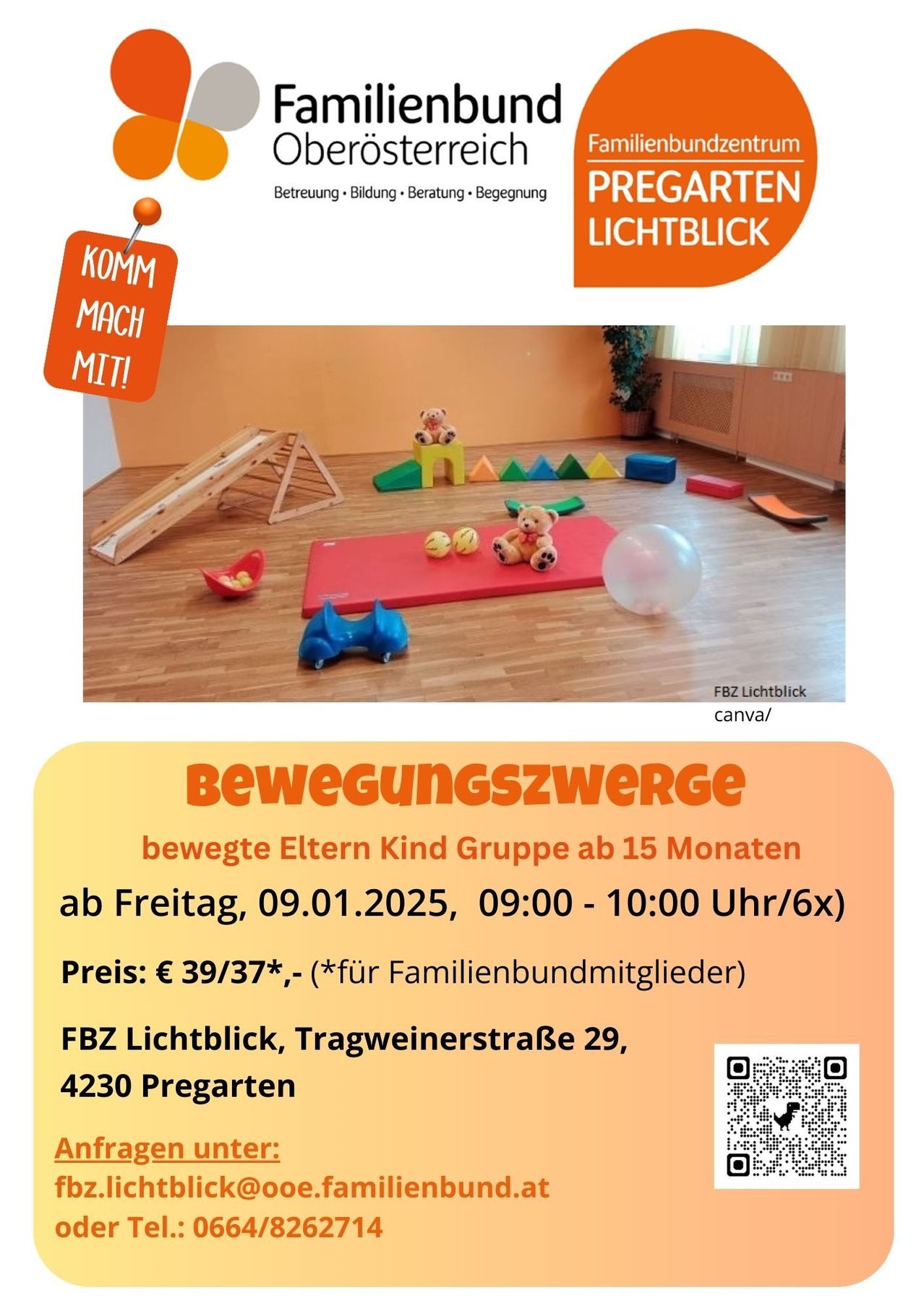 Plakat für eine Kinderaktivitätsgruppe. Zeigt Spielzeug und Übungsgeräte. Der Text lautet 'Bewegungszwerg' mit Details zu Sitzungen, Datum und Ort.