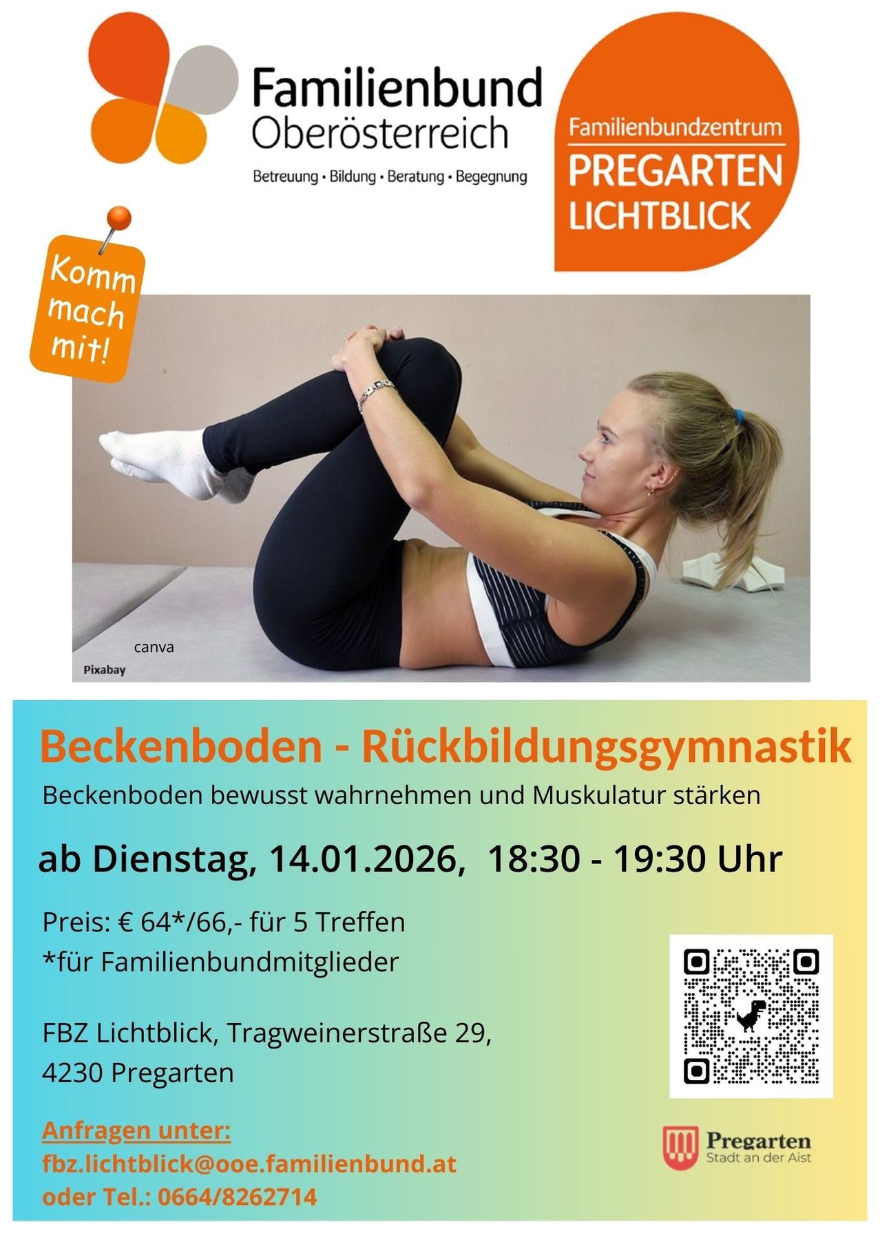 Eine Werbung für Rückenbildungsgymnastik dienstags. Sie zeigt eine Frau in Trainingskleidung bei einer Übung, mit einem QR-Code und Kontaktdaten darunter.