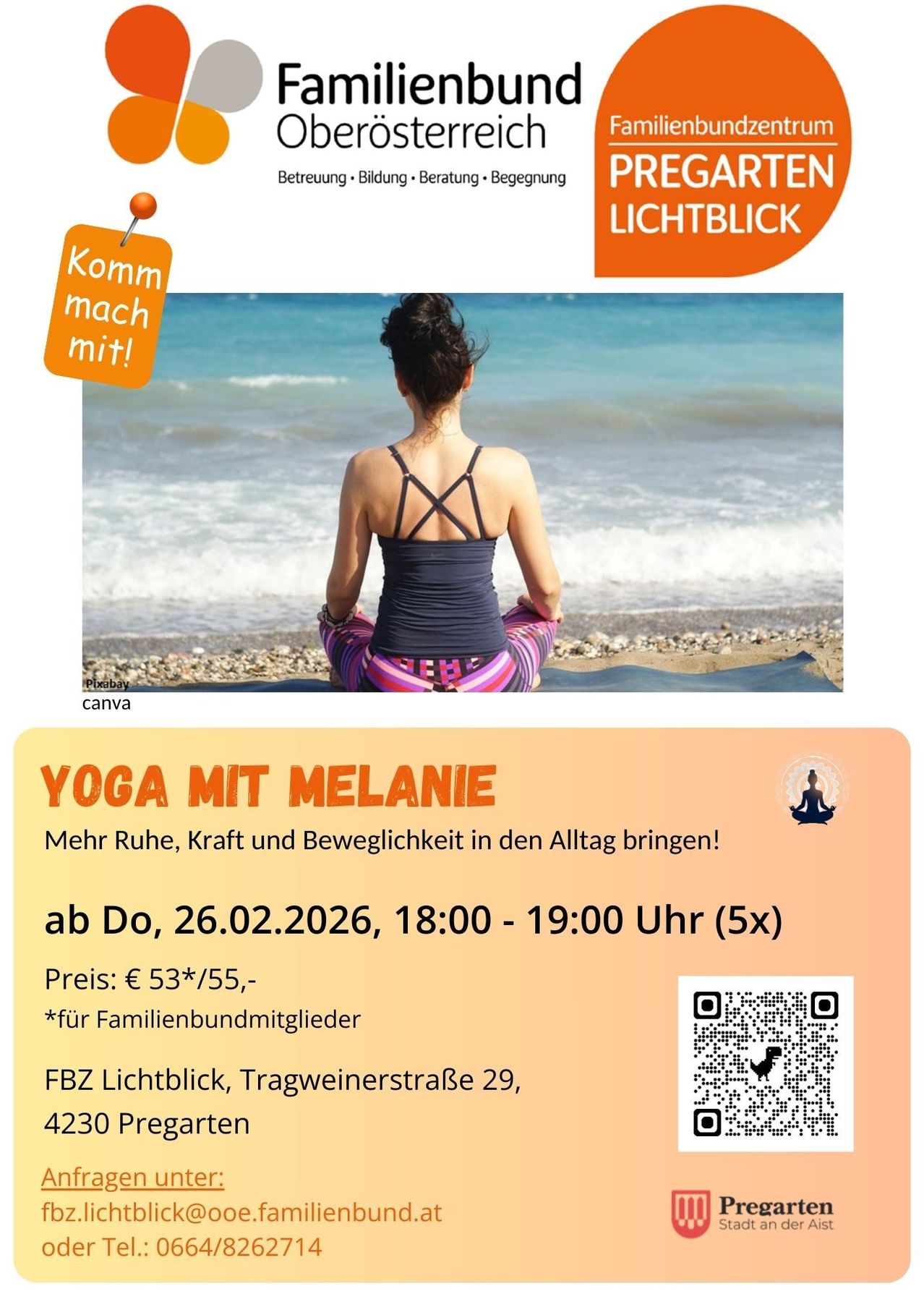 Poster for yoga class with a woman sitting on a beach. It says Yoga with Melanie and the date is 26.02.2026.