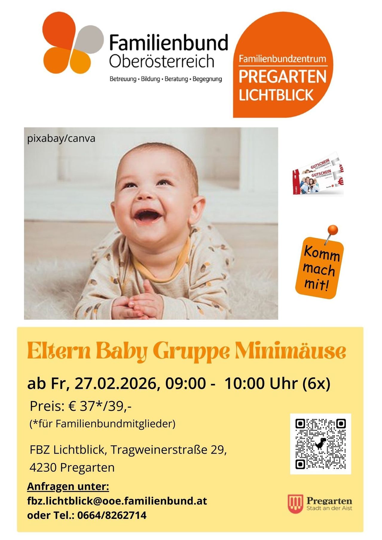Poster for a Mini Mouse Parents and Baby Group starting February 27, 2026, from 9:00 to 10:00 AM. Price is 37/39 euros, with a QR code for registration. Location is FBZ Lichtblick, Tragweinerstraße 29.