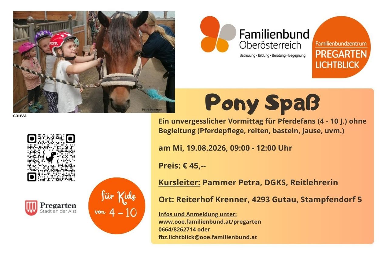 Ein Flyer für eine Pferdeveranstaltung mit einem Kind, das ein Pferd streichelt, und einer Frau in der Nähe. Die Veranstaltung heißt 'Pony SpaB' und bietet Aktivitäten für Pferdebegeisterte.