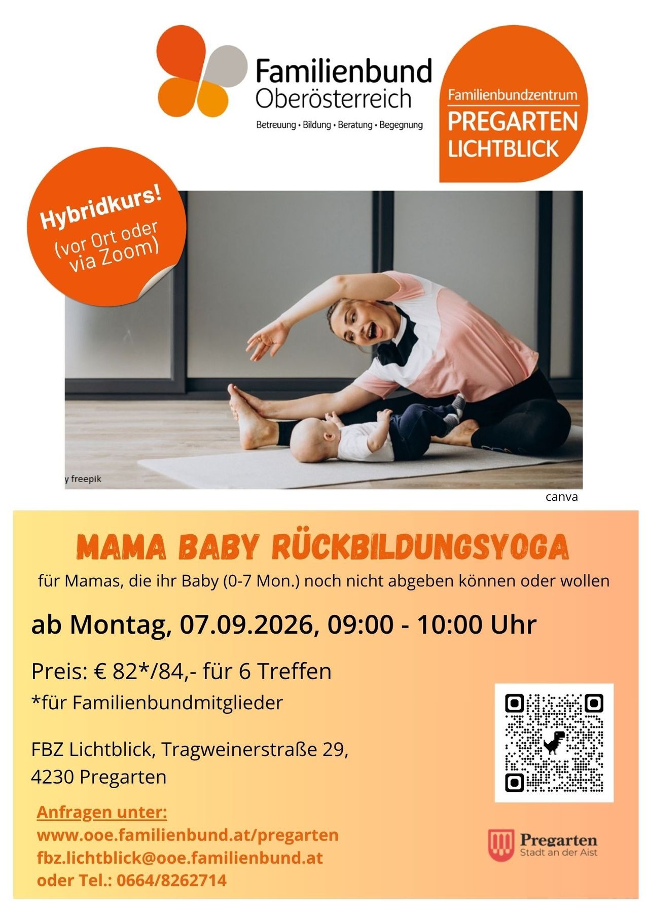 Poster for a Mama Baby Rückbildungsyoga class, featuring a mother doing yoga with her baby on a yoga mat. The poster includes details about the class date, time, and location.