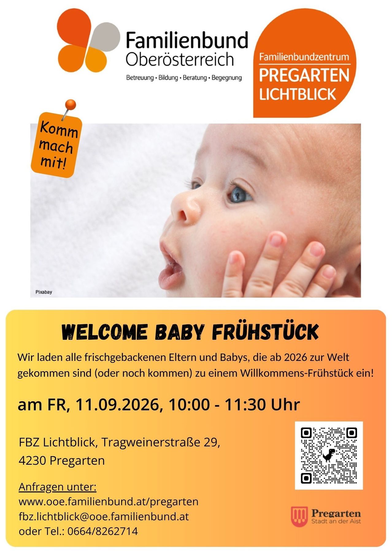 Poster for a 'Welcome Baby Breakfast' event, featuring a baby's face, an orange pin with 'Komm mach mit!' and event details.