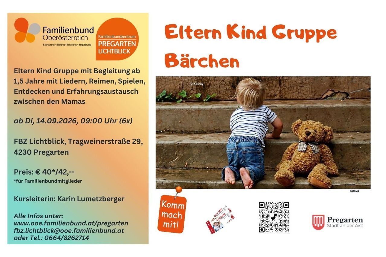 A poster for a family event with a toddler sitting on steps and a teddy bear nearby. The poster includes details about the event and a QR code.