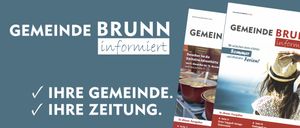 Das Bild zeigt einen blauen Hintergrund mit weißem Text, der 'E BRUN inforniert' und darunter 'GEMEINDE. ZEITUNG.' lautet. Rechts davon befindet sich ein Zeitschriftencover mit einem roten Topf und Text über die Gemeindezeitung.