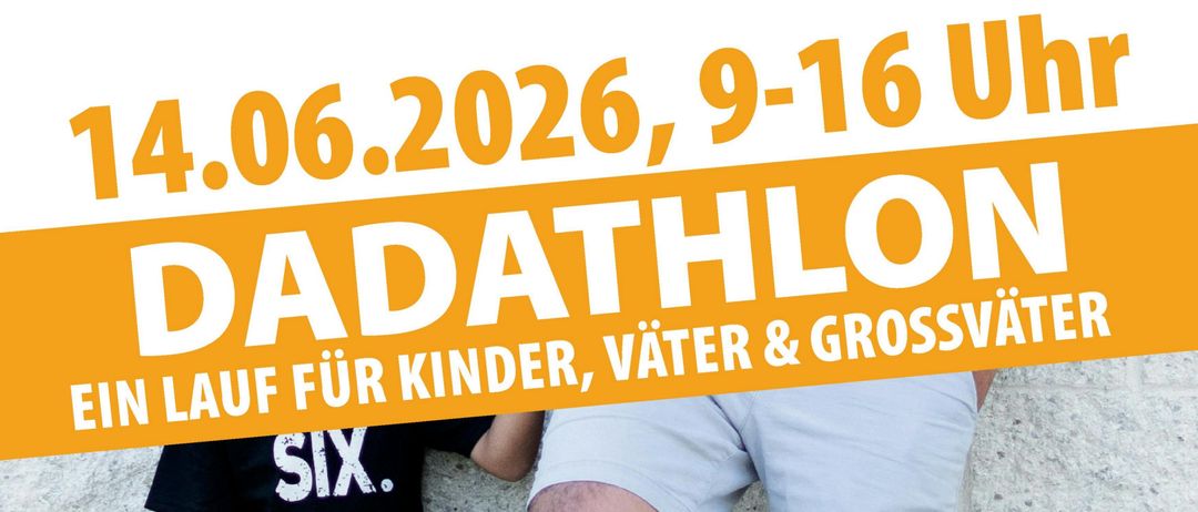 Plakat für Dadathlon-Event am 14.06.2026, 9-16 Uhr, mit Vater und Sohn, mit Anmeldelink und QR-Code.