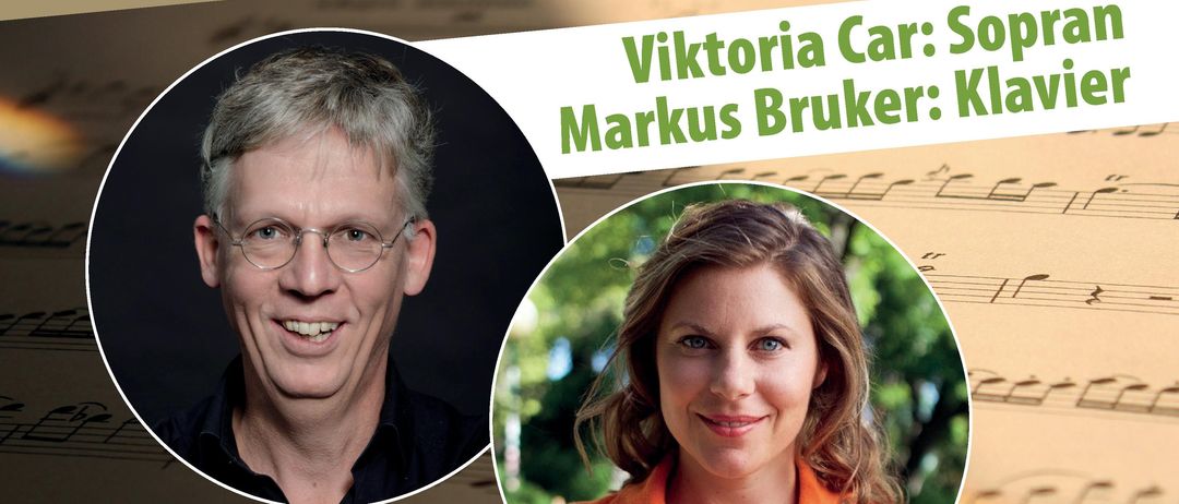 Plakat für Liederabend Frühlingsnacht am 12. Mai 2026. Viktoria Car als Sopran und Markus Bruker am Klavier. Musik vom Romantik bis zum Wienerlied. Eintritt frei.