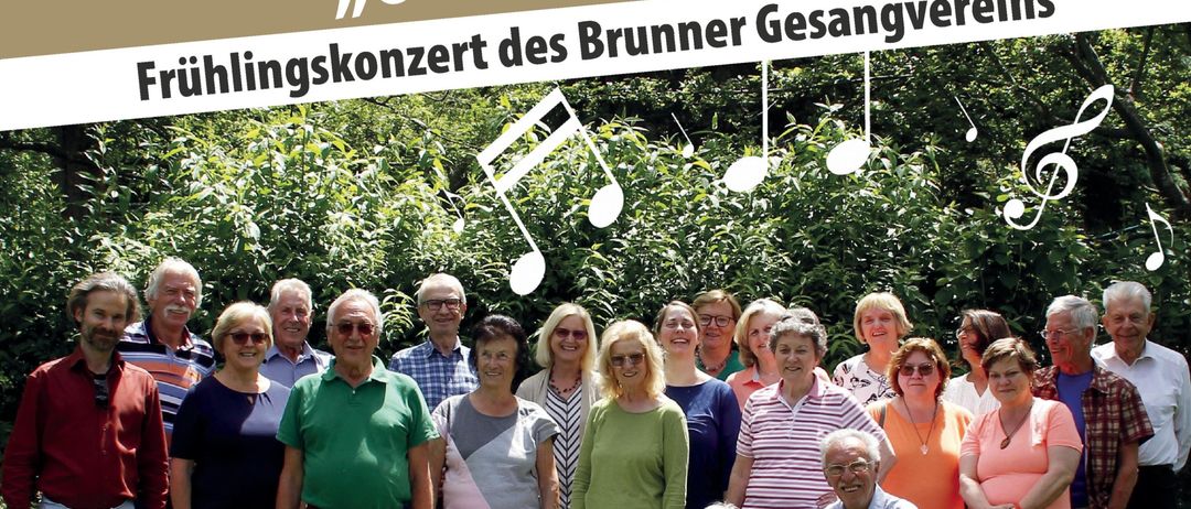 Ein Plakat für das Frühlingskonzert am 12. Juni 2026, 19 Uhr, Happy Day, vom Brunner Gesangverein, mit einer Gruppe von Menschen, die vor Bäumen stehen und sitzen.