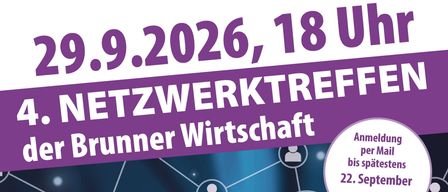 A poster for the 4th Network Meeting of the Brunn Business Network on September 29, 2026, at 6 PM. It features a hand connecting icons, a QR code, and a registration deadline of September 22.