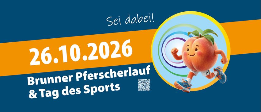 Plakat für die Veranstaltung Pferderlauf des Sports am 10.2026, mit einer Cartoon-Pfirsich-Figur in Sportkleidung und einem QR-Code für weitere Informationen.