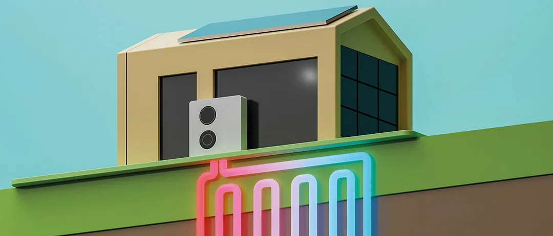 Eine Illustration eines Hauses mit Solarpanelen auf dem Dach und einem Neonschild an der Seite, das ein modernes, umweltfreundliches Zuhause darstellt.