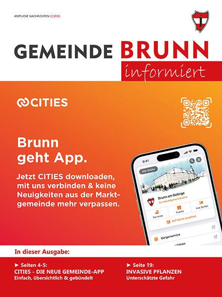 Amtliche Nachrichten vom 21.02.2024. Die Anzeige bewirbt die 'CITY'-App und hebt ihre Funktionen auf den Seiten 4-5 und das Thema invasive Pflanzen auf Seite 19 hervor. Es enthält einen QR-Code für den einfachen Zugriff.