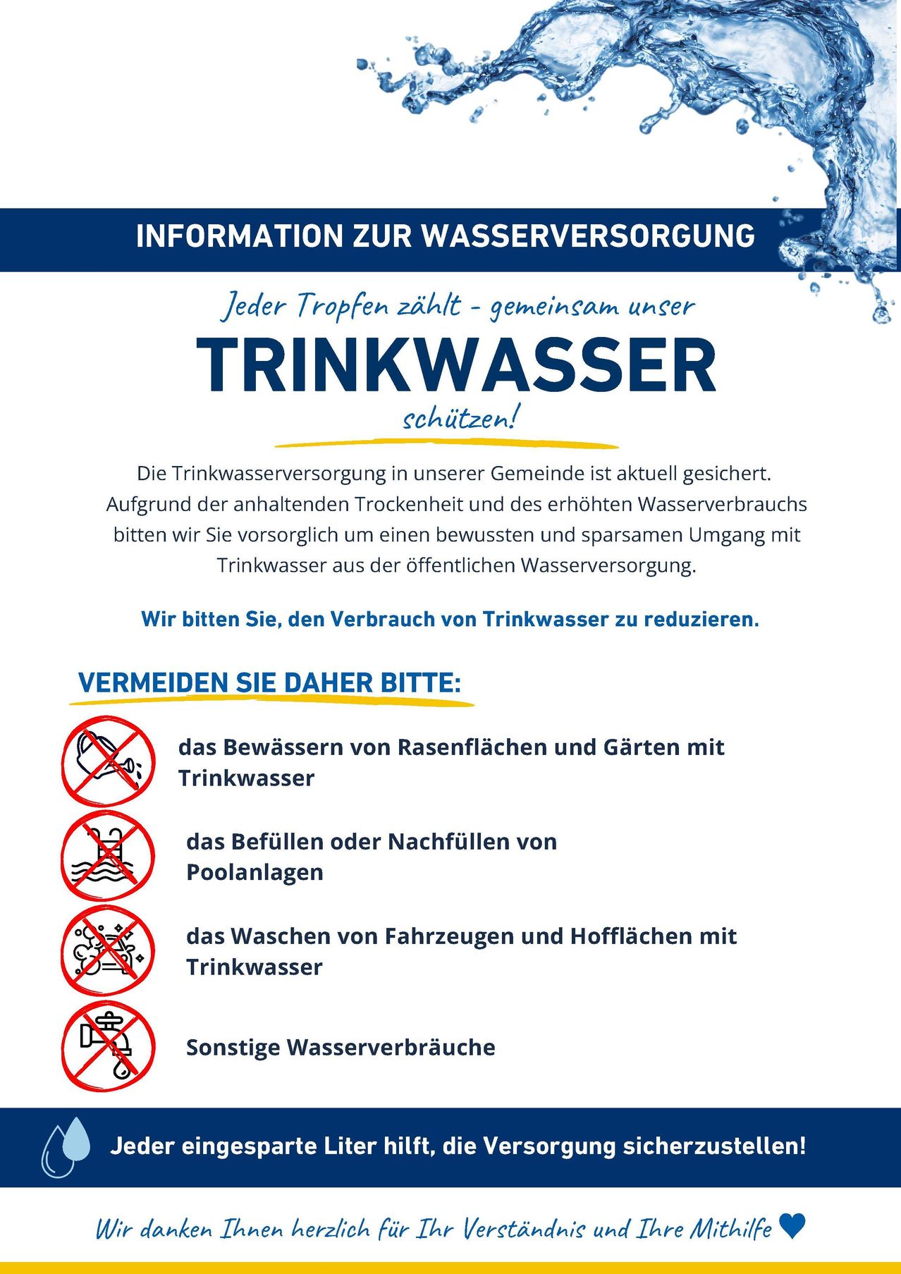 Ein Informationsposter über Wassereinsparung in einer Gemeinde. Es betont die Bedeutung des Schutzes von Trinkwasser und fordert die Bewohner auf, es sparsam zu verwenden. Es listet Aktivitäten auf, die vermieden werden sollten, wie das Bewässern von Rasenflächen mit Trinkwasser.