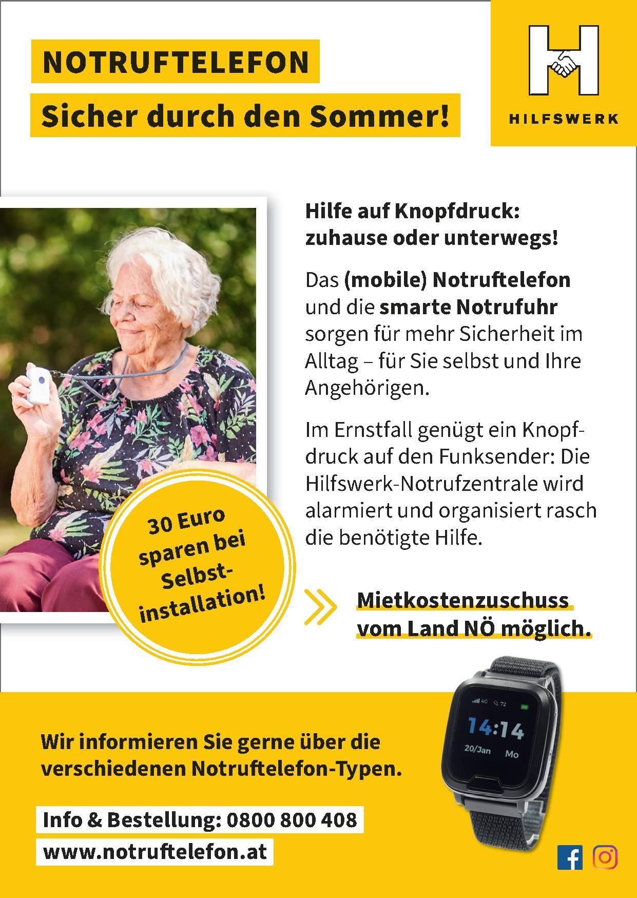 Eine ältere Frau mit einem Blumenhemd hält ein mobiles Notfallrufgerät. Der Textüberlagerung zeigt Ersparnisse und Installationsdetails an.