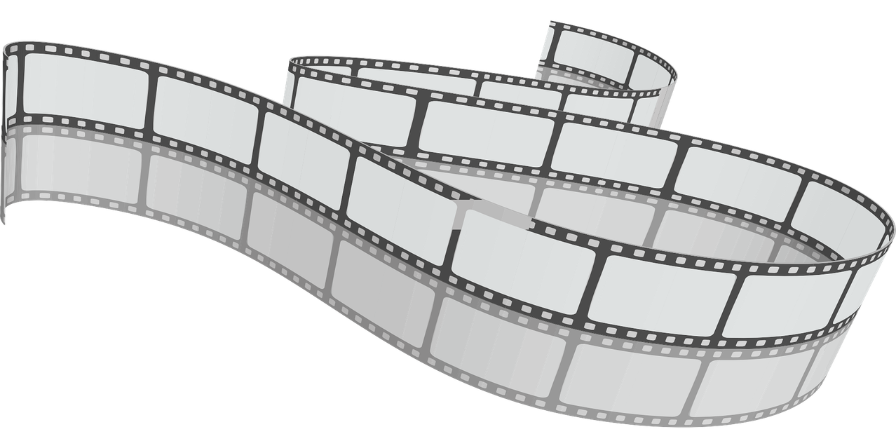 Eine monochrome Illustration eines Filmstreifens mit mehreren Bildern auf schwarzem Hintergrund.