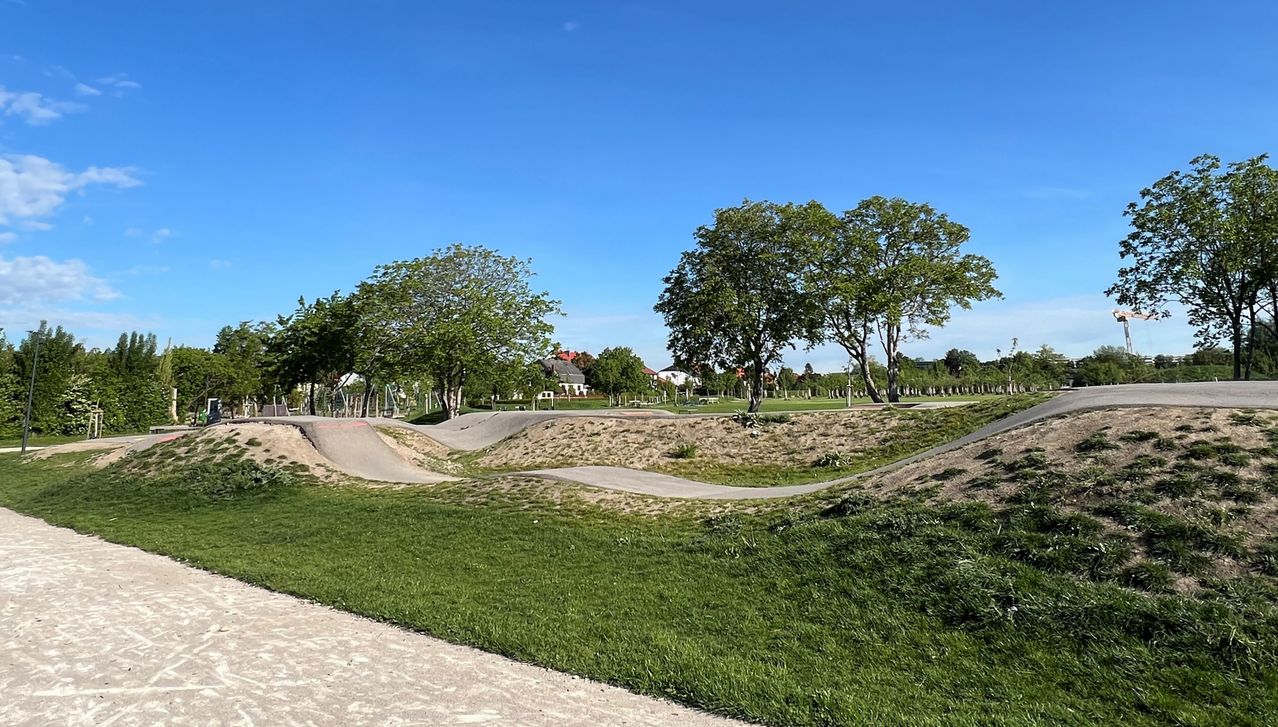 A sunny day at a park with a dirt track and some trees and houses in the background.