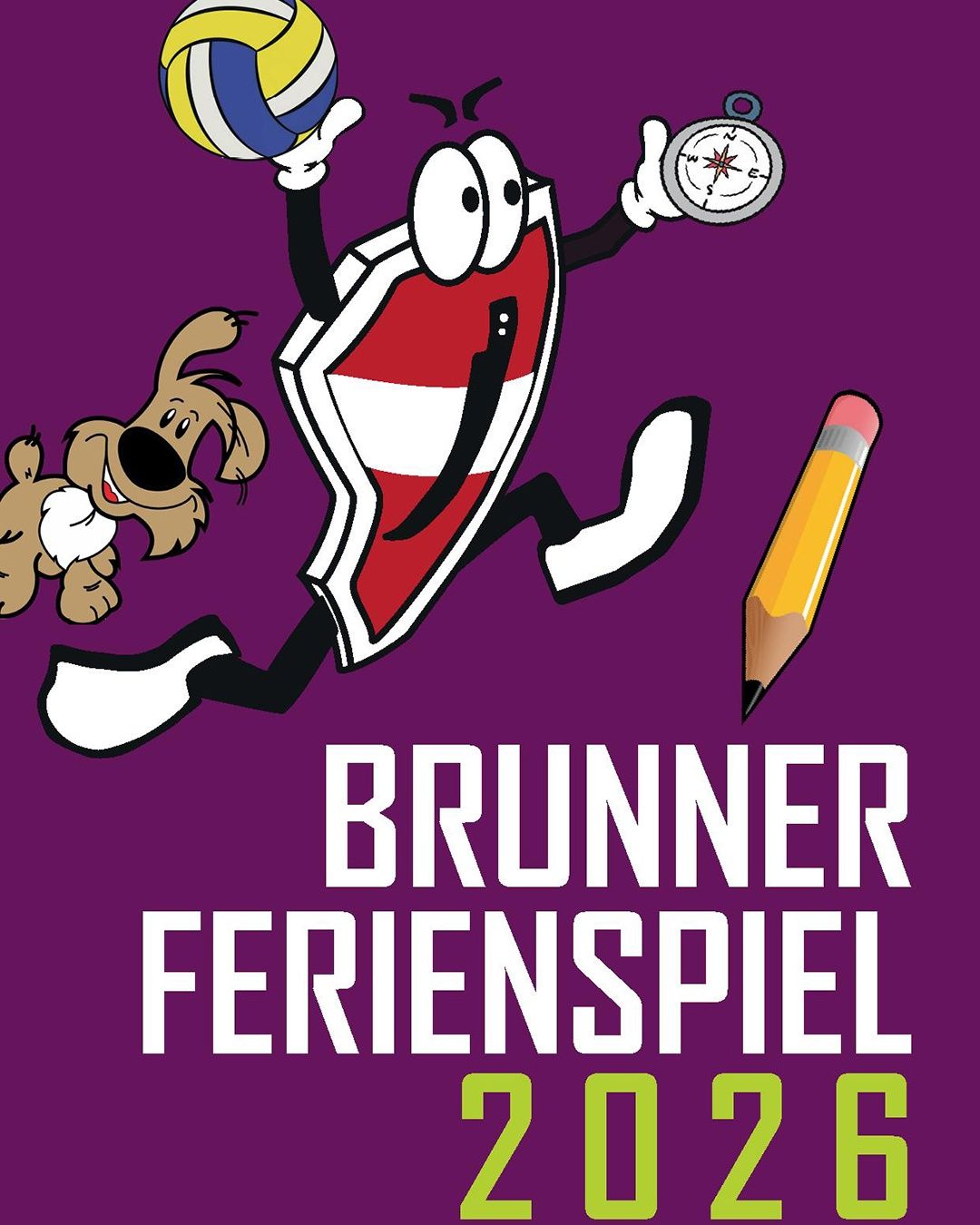 Eine Cartoon-Figur mit Kompass läuft, während ein Hund einen Ball verfolgt. Das Poster ist für Brunner Ferienspiel mit lila Hintergrund.