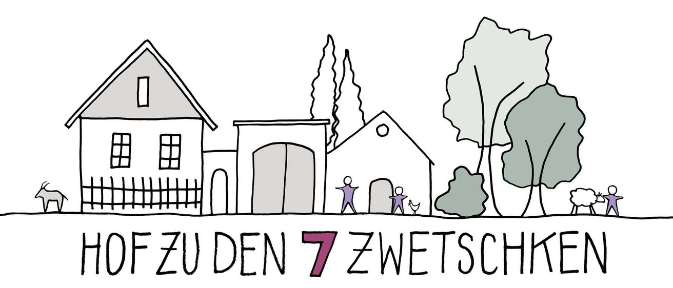 Illustration von drei Häusern in einer Reihe mit zwei Personen und einem Huhn davor, darunter steht 'Unden 7 Zwets'.