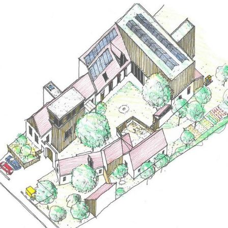 Eine handgezeichnete Illustration eines Hauses mit Solarpanelen auf dem Dach und einem Garten. Bäume umgeben das Gebiet, und einige Autos sind geparkt.