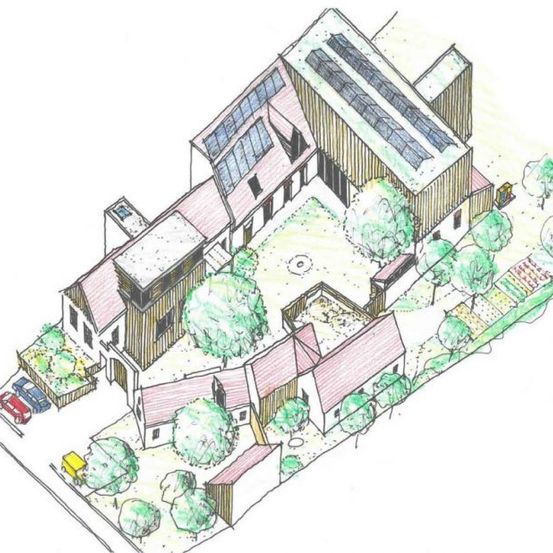 Eine handgezeichnete Illustration eines Hauses mit Solarpanelen auf dem Dach und einem Garten. Bäume umgeben das Gebiet, und einige Autos sind geparkt.