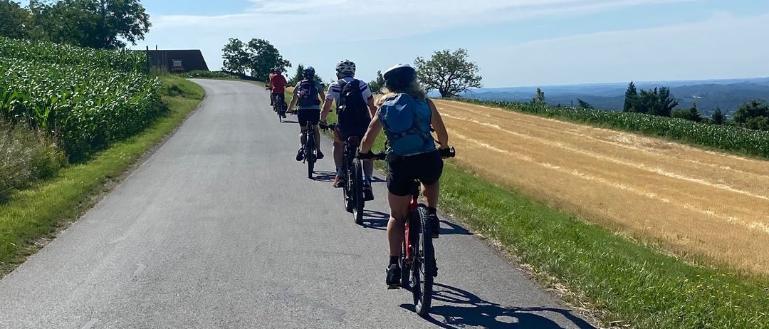Eine Gruppe von Radfahrern fährt unter einem blauen Himmel eine ländliche Straße hinunter, mit Feldern und Grünflächen auf beiden Seiten.