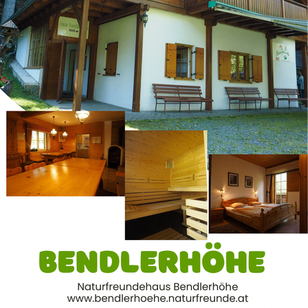 Eine Collage von Fotos, die verschiedene Teile des Naturfreundehauses Bendlerhoehe zeigen. Außenbänke, ein holzverkleideter Innenraum, eine Sauna und ein Schlafzimmer.