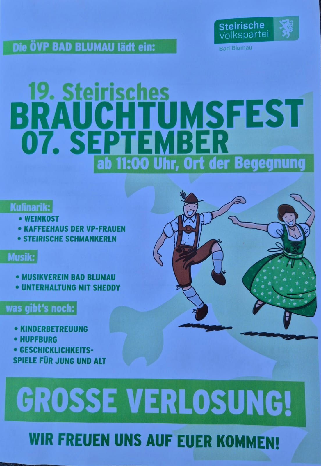 Plakat für das 19. Steirisches Brautumsfest am 7. September um 11:00 Uhr. Zeigt zwei tanzende Personen in traditioneller Kleidung. Beinhaltet Details zu kulinarischen Angeboten, Musik und Aktivitäten für Kinder.