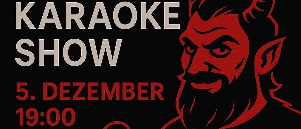 Plakat für eine Karaoke-Show-Party im Cafe Bistro. Der Teufel hält ein Mikrofon, und die Veranstaltung ist am 5. Dezember um 19:00 Uhr.