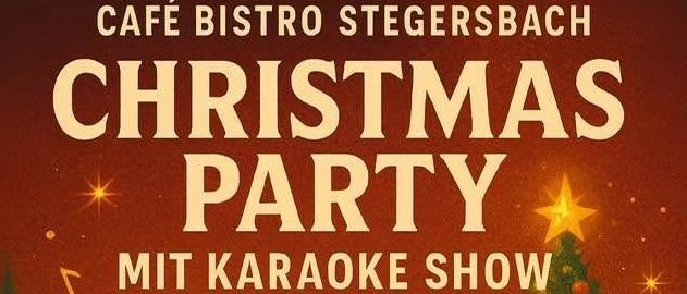 Ein Plakat für eine Weihnachtsfeier mit einer Karaoke-Show, bei der ein Mann und eine Frau mit Mikrofonen vor einem Weihnachtsbaum und Geschenken singen. Das Datum und die Uhrzeit der Veranstaltung sind 19.12.2025 um 10:00.