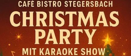 Ein Plakat für eine Weihnachtsfeier mit einer Karaoke-Show, bei der ein Mann und eine Frau mit Mikrofonen vor einem Weihnachtsbaum und Geschenken singen. Das Datum und die Uhrzeit der Veranstaltung sind 19.12.2025 um 10:00.