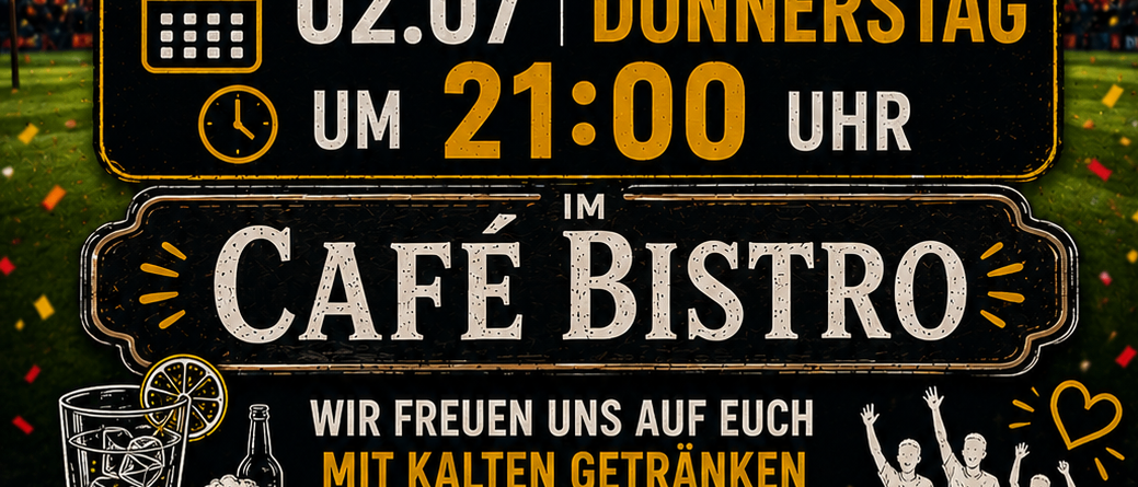 Ein Plakat für ein Fußballspiel zwischen Spanien und Österreich. Das Spiel ist am 2. Juli um 21 Uhr in einem Café.