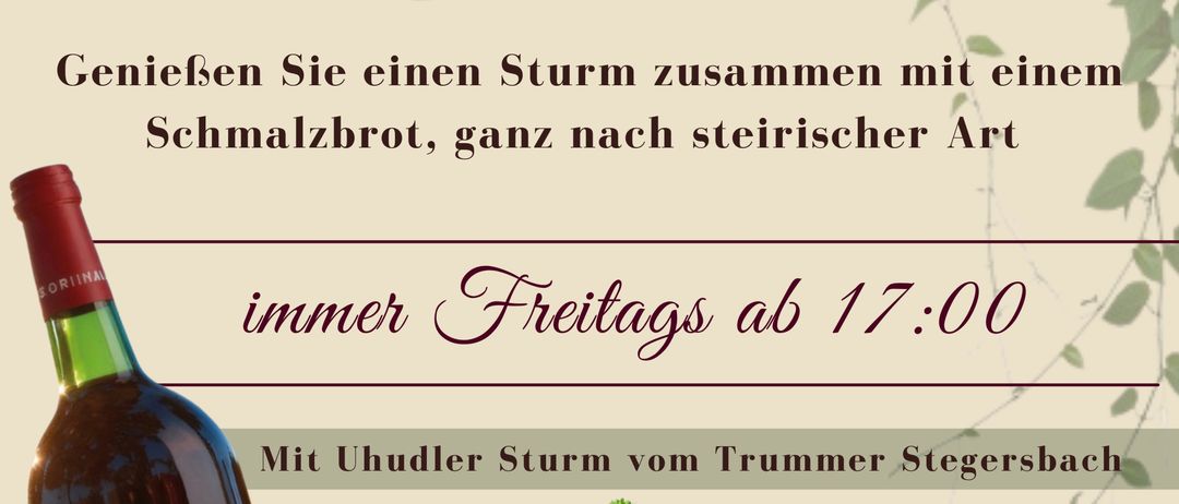 Werbung für die Veranstaltung Sturmische Nachte mit einer Flasche Wein, einem Sandwich und einem Hut. Die Veranstaltung beginnt am 11. September, jeden Freitag um 17 Uhr.